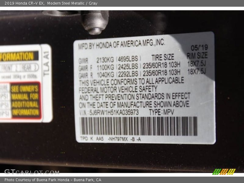 Modern Steel Metallic / Gray 2019 Honda CR-V EX