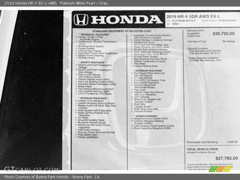 Platinum White Pearl / Gray 2019 Honda HR-V EX-L AWD