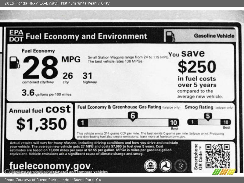 Platinum White Pearl / Gray 2019 Honda HR-V EX-L AWD