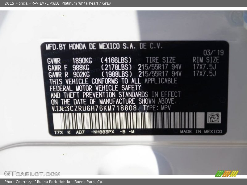 Platinum White Pearl / Gray 2019 Honda HR-V EX-L AWD