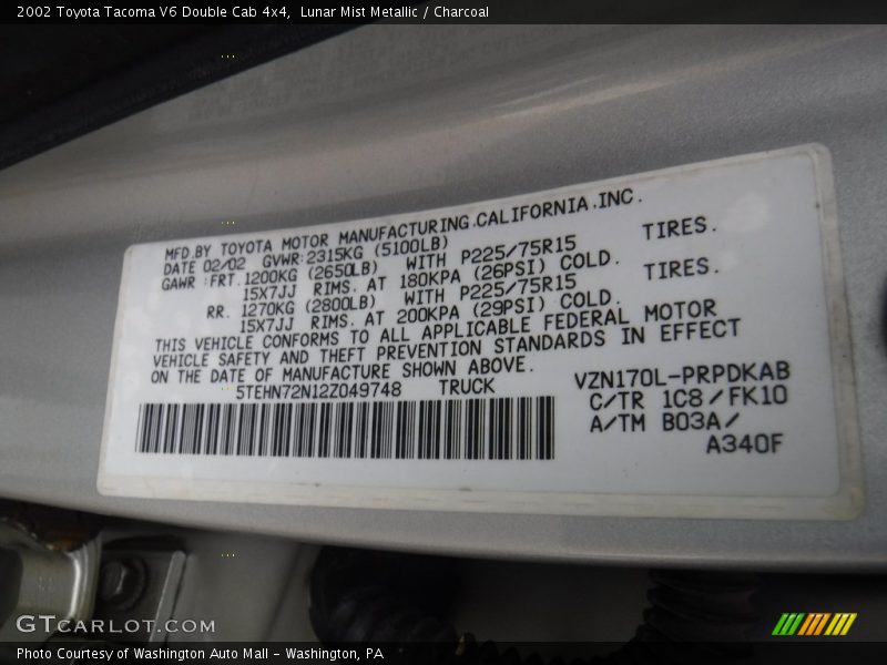 Lunar Mist Metallic / Charcoal 2002 Toyota Tacoma V6 Double Cab 4x4
