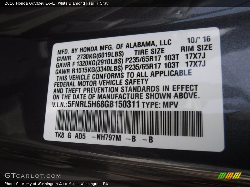 White Diamond Pearl / Gray 2016 Honda Odyssey EX-L