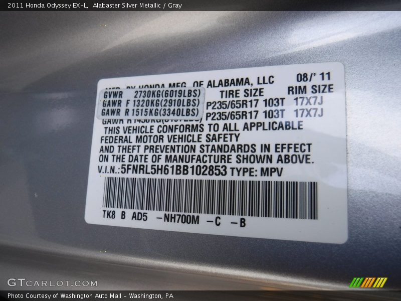 Alabaster Silver Metallic / Gray 2011 Honda Odyssey EX-L