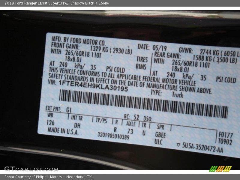 2019 Ranger Lariat SuperCrew Shadow Black Color Code G1