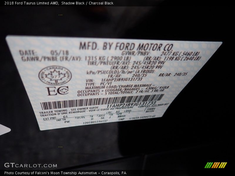2018 Taurus Limited AWD Shadow Black Color Code G1