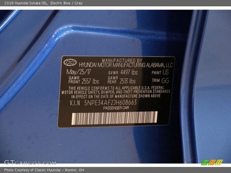 Electric Blue / Gray 2018 Hyundai Sonata SEL