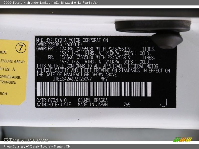 Blizzard White Pearl / Ash 2009 Toyota Highlander Limited 4WD