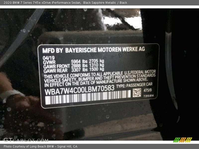 2020 7 Series 745e xDrive iPerformance Sedan Black Sapphire Metallic Color Code 475