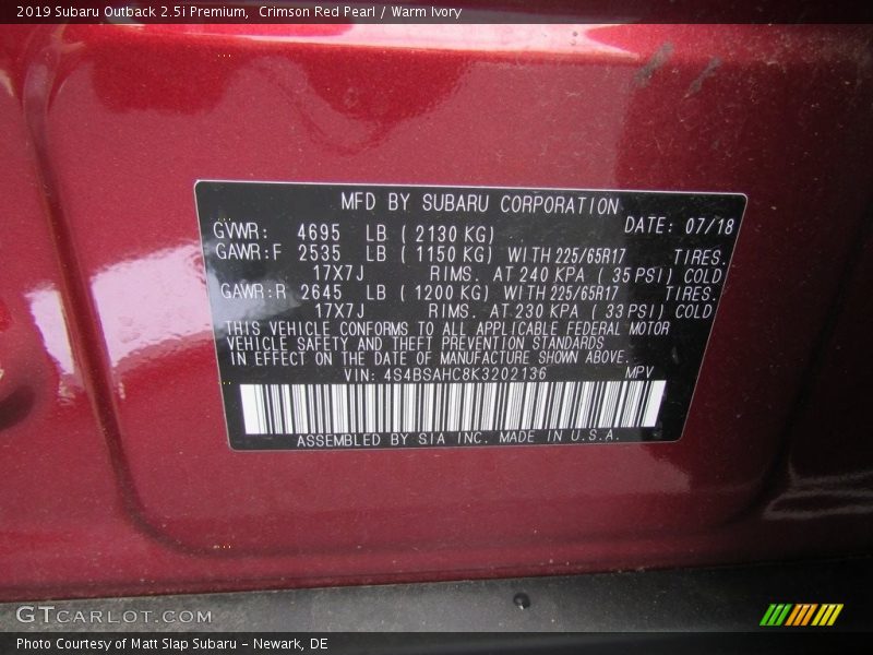 Crimson Red Pearl / Warm Ivory 2019 Subaru Outback 2.5i Premium