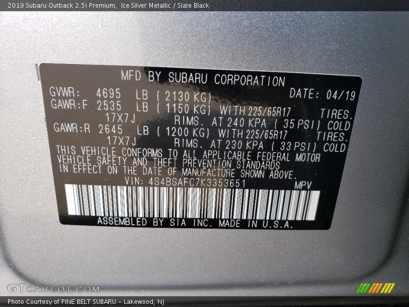Ice Silver Metallic / Slate Black 2019 Subaru Outback 2.5i Premium