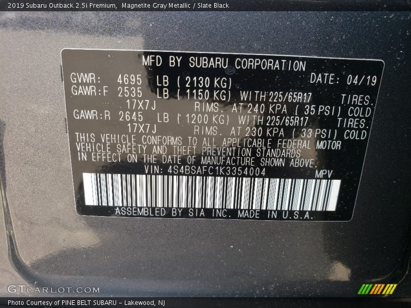 Magnetite Gray Metallic / Slate Black 2019 Subaru Outback 2.5i Premium