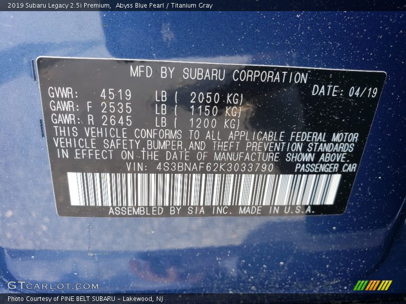 Abyss Blue Pearl / Titanium Gray 2019 Subaru Legacy 2.5i Premium