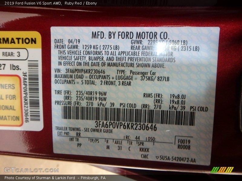 2019 Fusion V6 Sport AWD Ruby Red Color Code RR