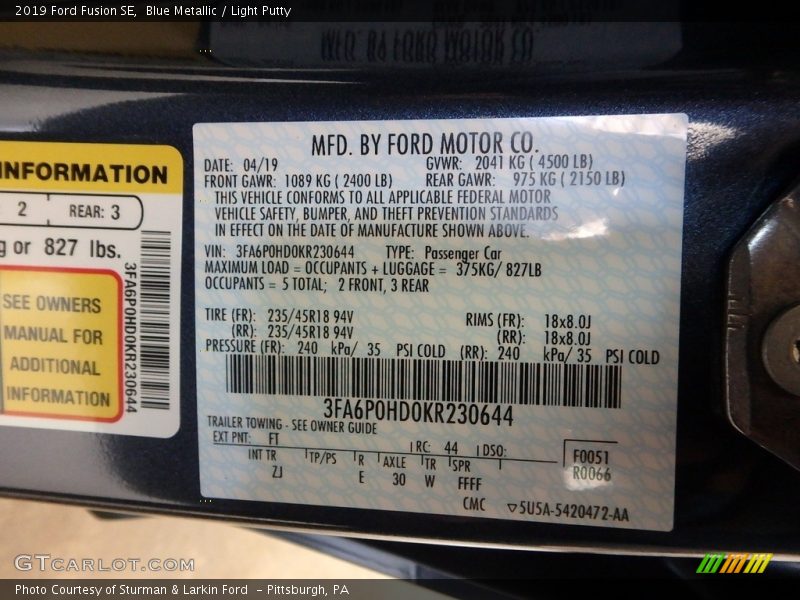 Blue Metallic / Light Putty 2019 Ford Fusion SE