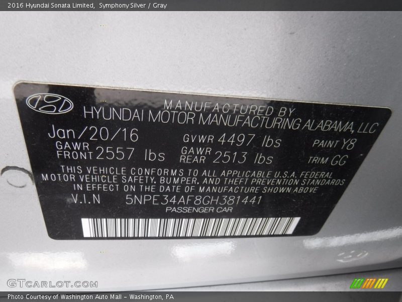 Symphony Silver / Gray 2016 Hyundai Sonata Limited
