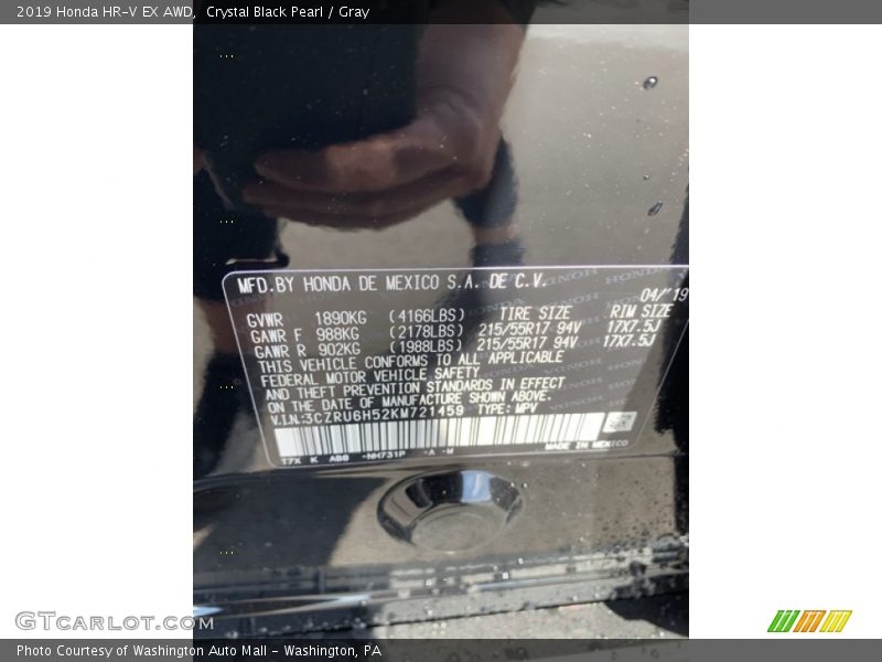 Crystal Black Pearl / Gray 2019 Honda HR-V EX AWD