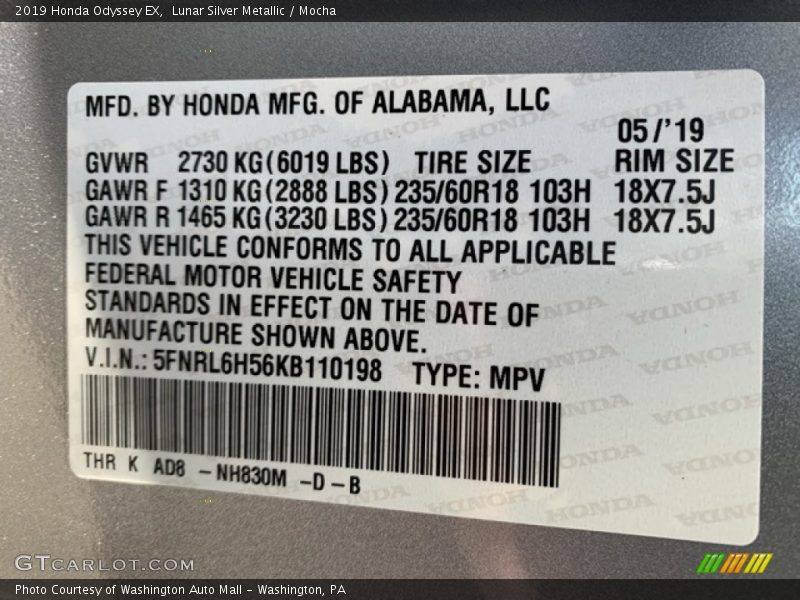 Lunar Silver Metallic / Mocha 2019 Honda Odyssey EX