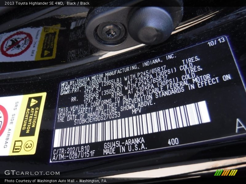 Black / Black 2013 Toyota Highlander SE 4WD