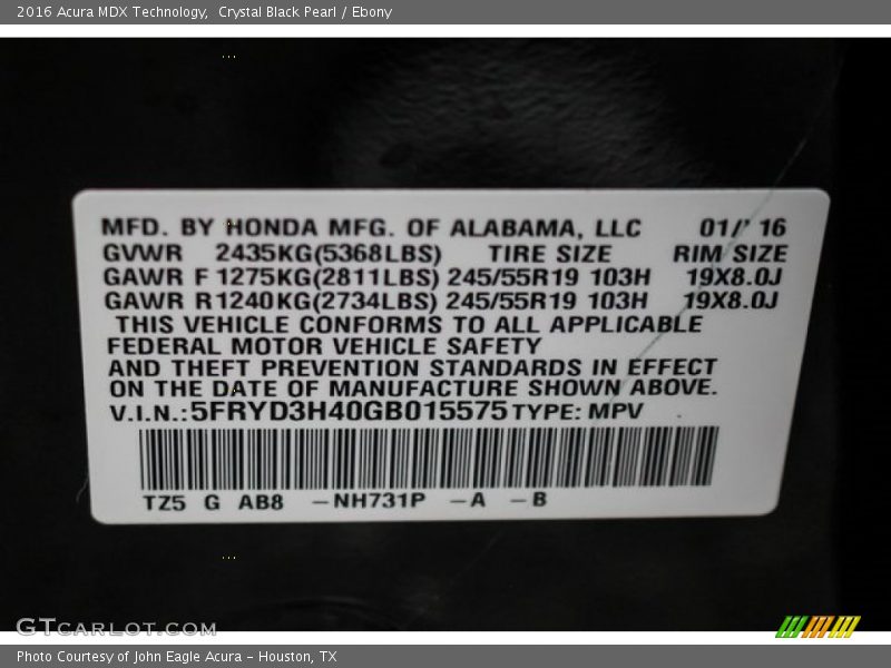 Crystal Black Pearl / Ebony 2016 Acura MDX Technology