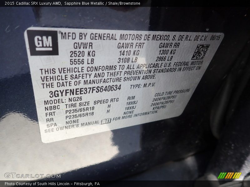 Sapphire Blue Metallic / Shale/Brownstone 2015 Cadillac SRX Luxury AWD