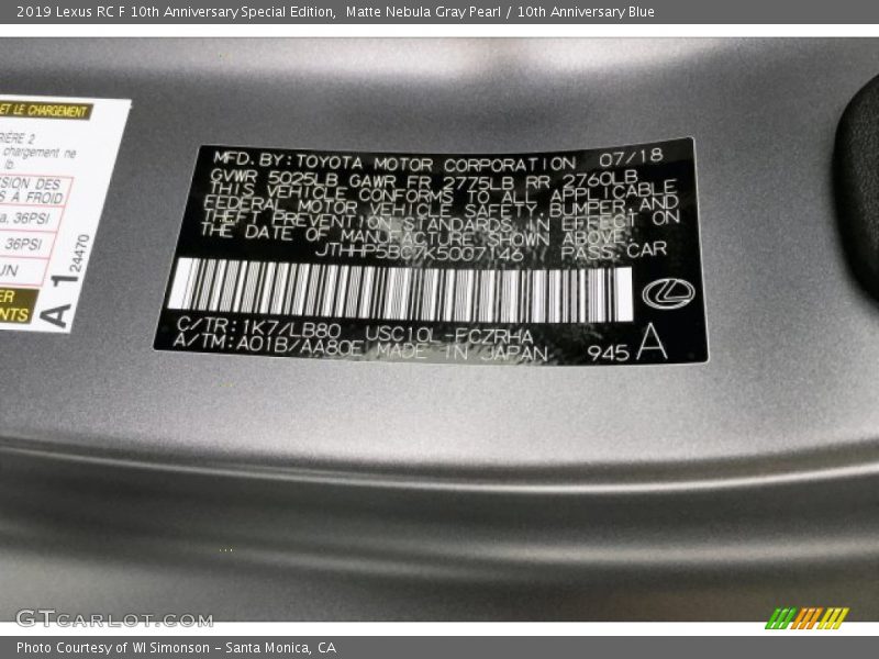 2019 RC F 10th Anniversary Special Edition Matte Nebula Gray Pearl Color Code 1K7