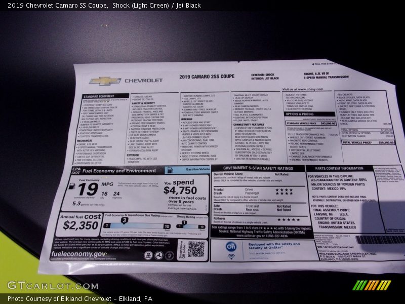  2019 Camaro SS Coupe Window Sticker