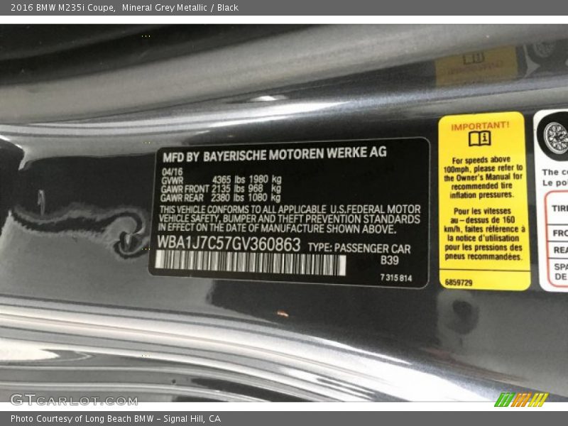 Mineral Grey Metallic / Black 2016 BMW M235i Coupe