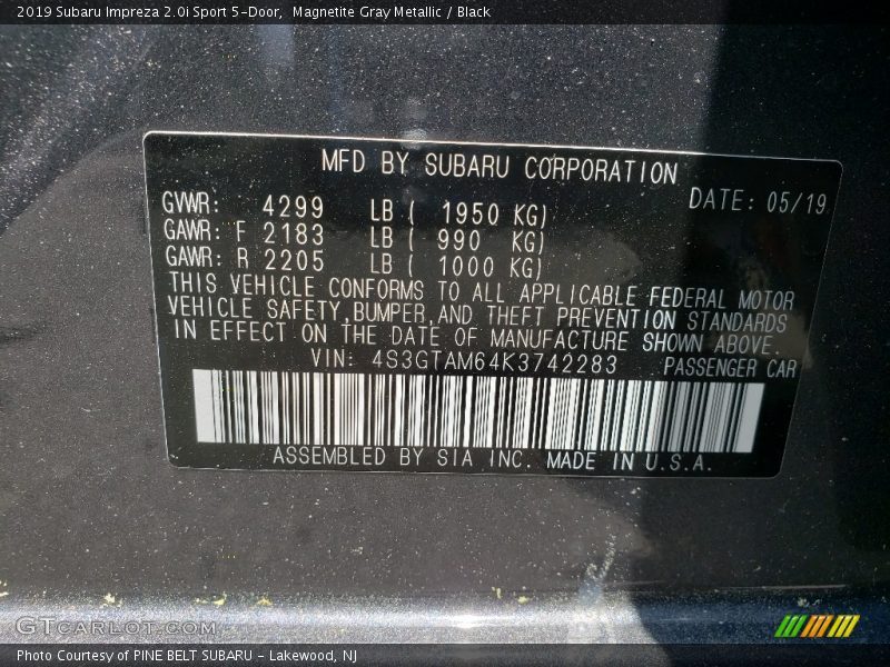 Magnetite Gray Metallic / Black 2019 Subaru Impreza 2.0i Sport 5-Door