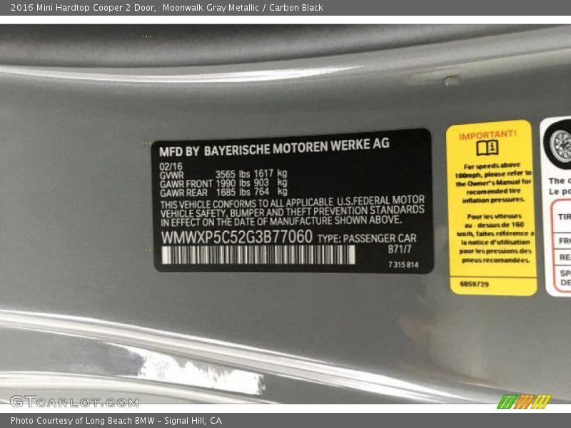 Moonwalk Gray Metallic / Carbon Black 2016 Mini Hardtop Cooper 2 Door