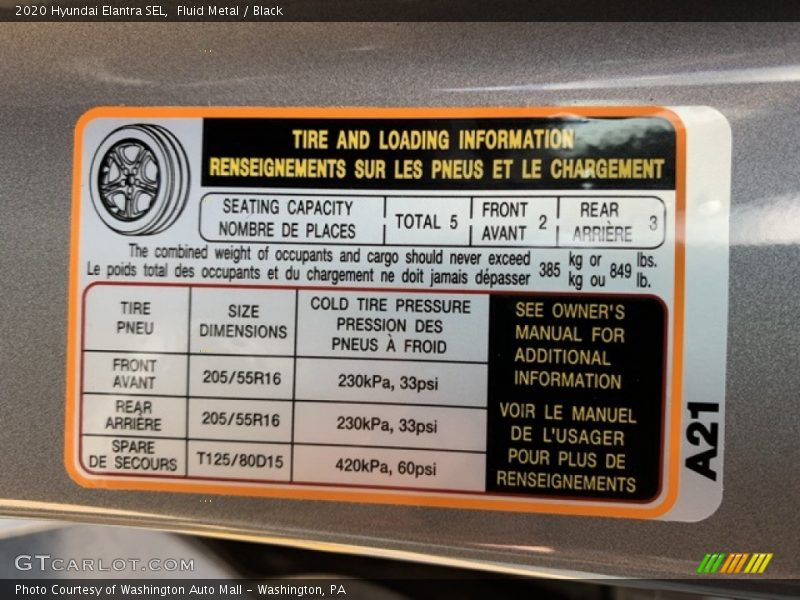 Info Tag of 2020 Elantra SEL