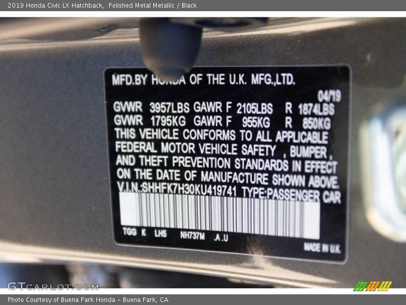 2019 Civic LX Hatchback Polished Metal Metallic Color Code NH737M