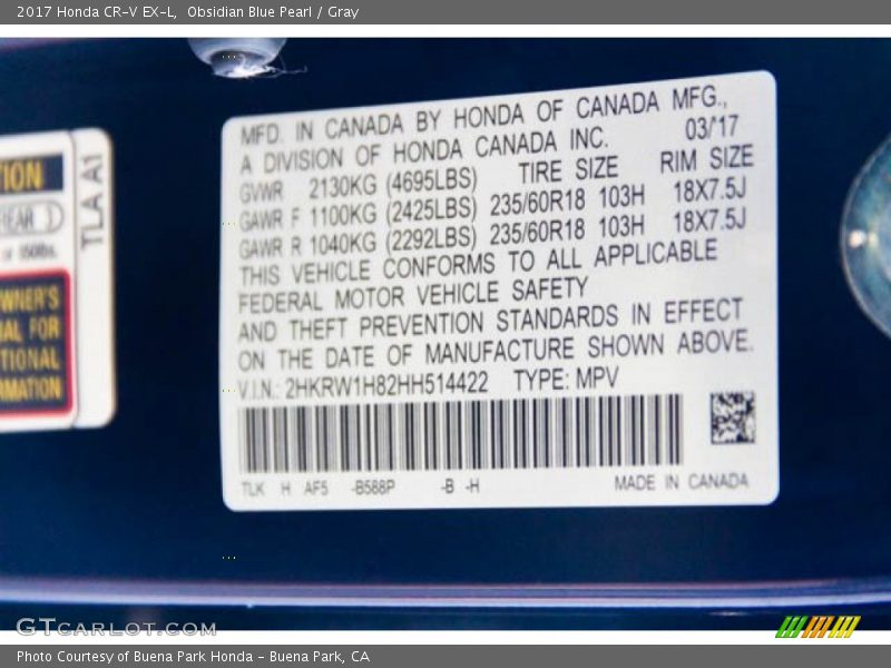 Obsidian Blue Pearl / Gray 2017 Honda CR-V EX-L