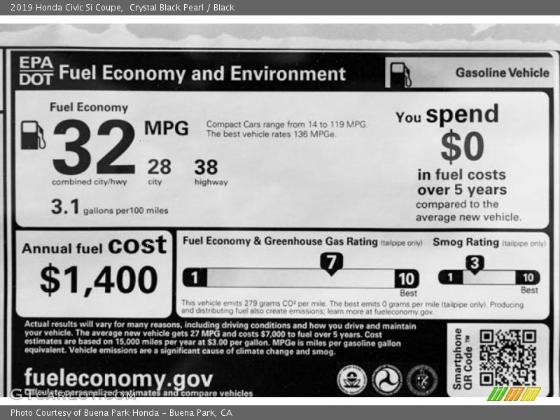 Crystal Black Pearl / Black 2019 Honda Civic Si Coupe
