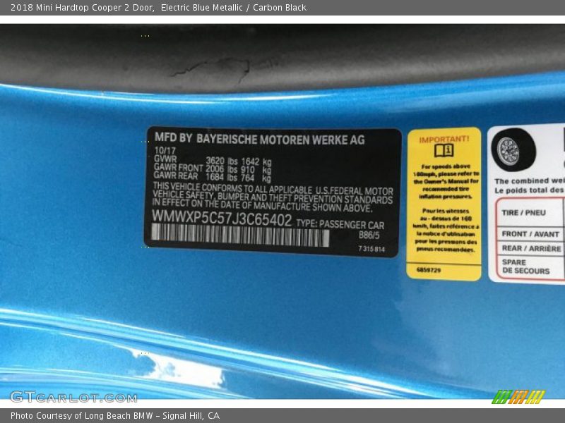 Electric Blue Metallic / Carbon Black 2018 Mini Hardtop Cooper 2 Door