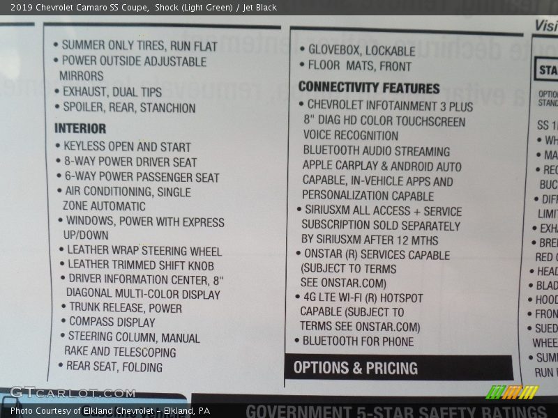 Shock (Light Green) / Jet Black 2019 Chevrolet Camaro SS Coupe