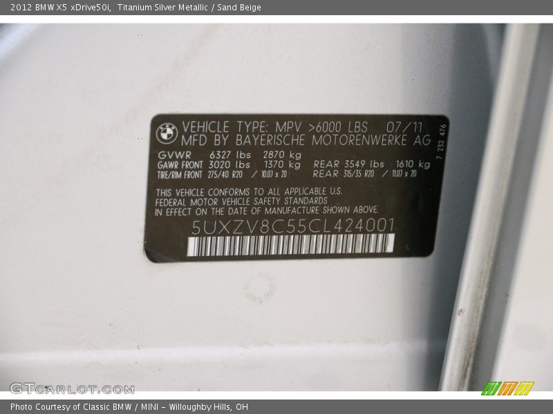 Titanium Silver Metallic / Sand Beige 2012 BMW X5 xDrive50i