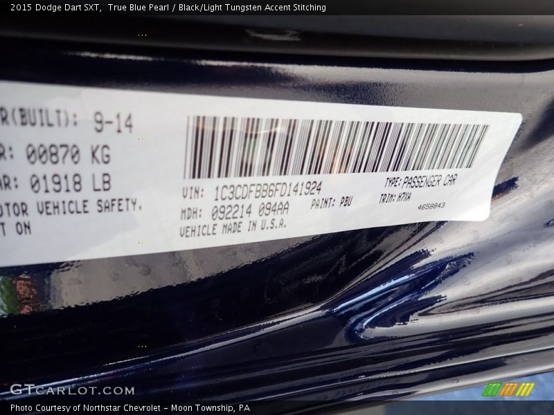 True Blue Pearl / Black/Light Tungsten Accent Stitching 2015 Dodge Dart SXT