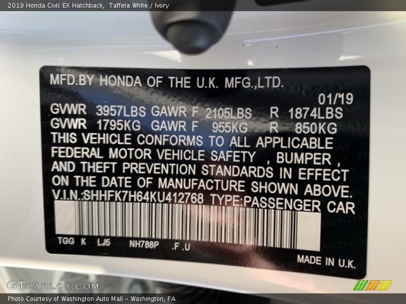 Taffeta White / Ivory 2019 Honda Civic EX Hatchback