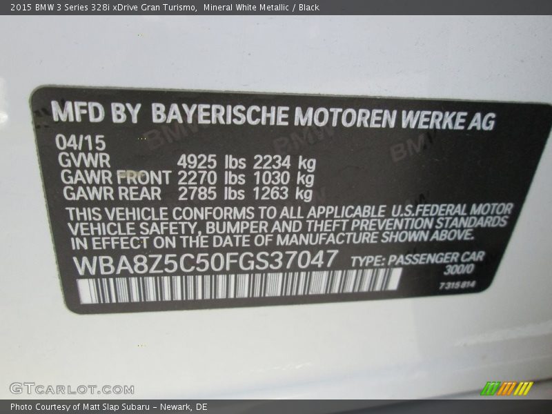 Mineral White Metallic / Black 2015 BMW 3 Series 328i xDrive Gran Turismo