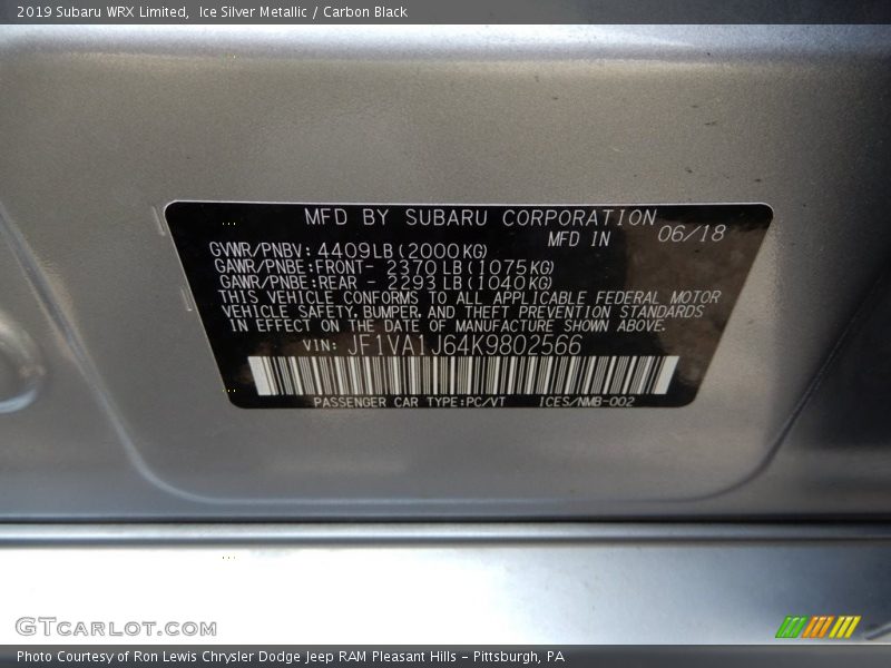 Ice Silver Metallic / Carbon Black 2019 Subaru WRX Limited