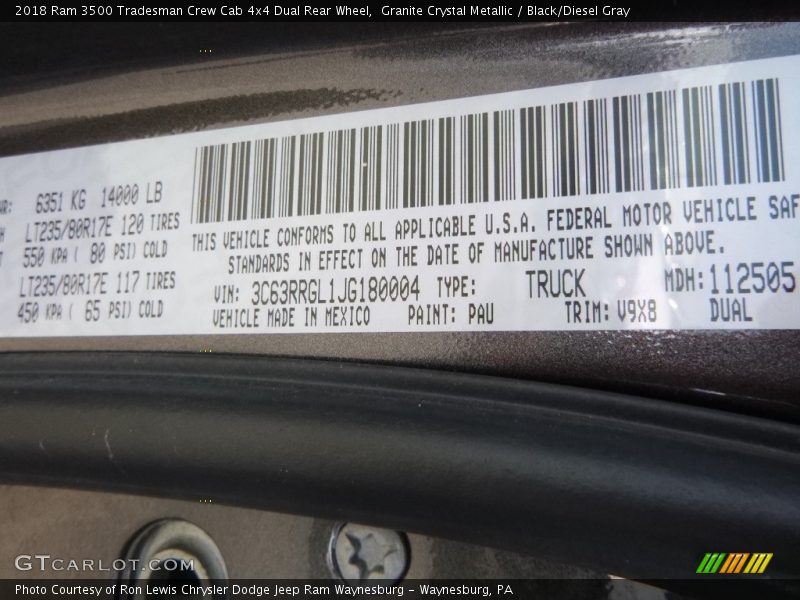 Granite Crystal Metallic / Black/Diesel Gray 2018 Ram 3500 Tradesman Crew Cab 4x4 Dual Rear Wheel