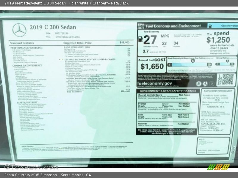 Polar White / Cranberry Red/Black 2019 Mercedes-Benz C 300 Sedan