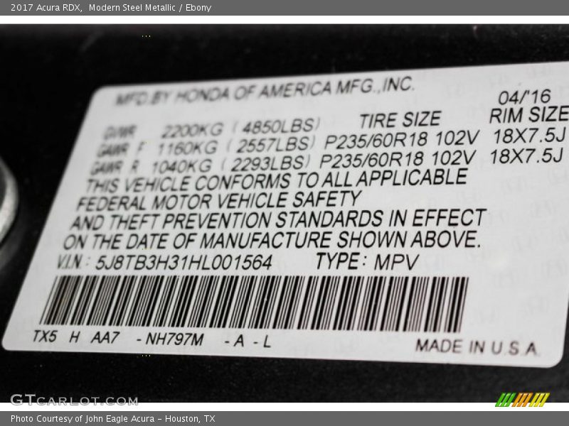 Modern Steel Metallic / Ebony 2017 Acura RDX