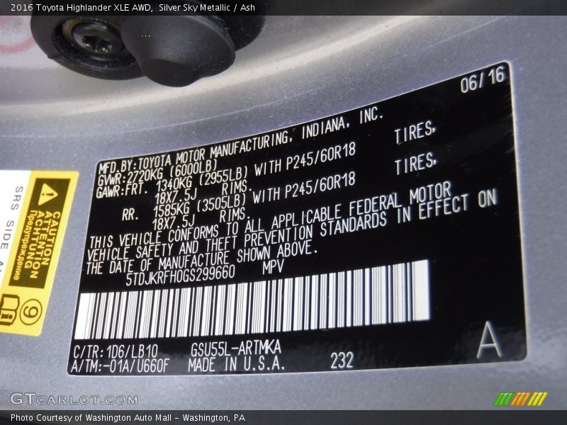 Silver Sky Metallic / Ash 2016 Toyota Highlander XLE AWD