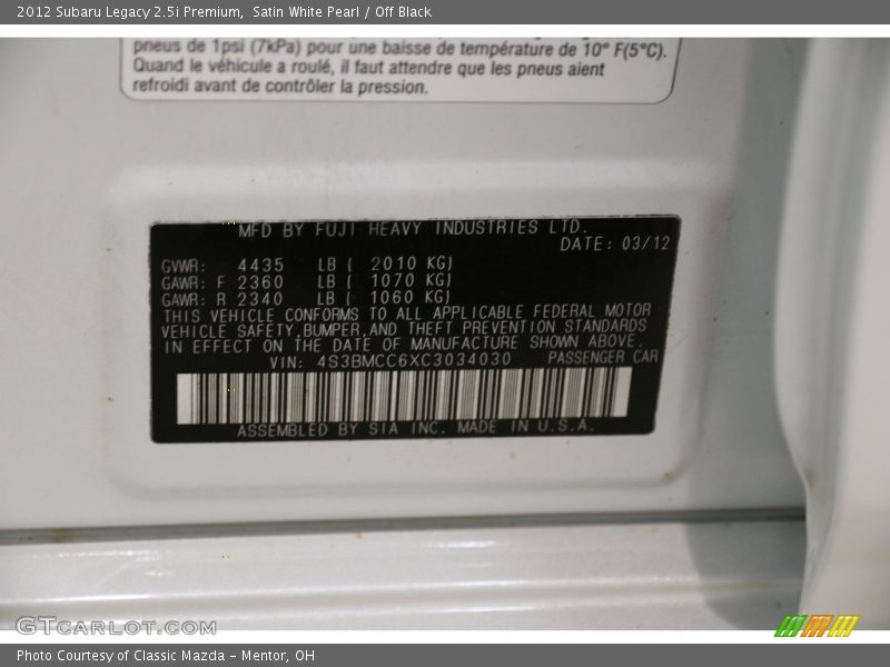 Satin White Pearl / Off Black 2012 Subaru Legacy 2.5i Premium