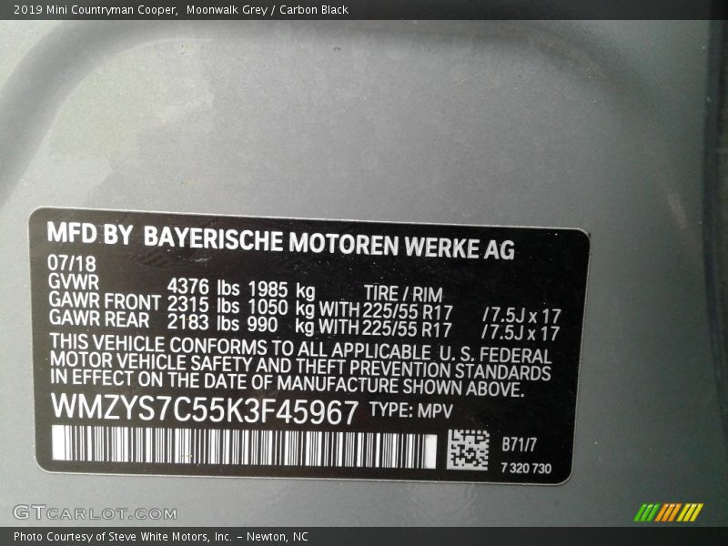 2019 Countryman Cooper Moonwalk Grey Color Code B71