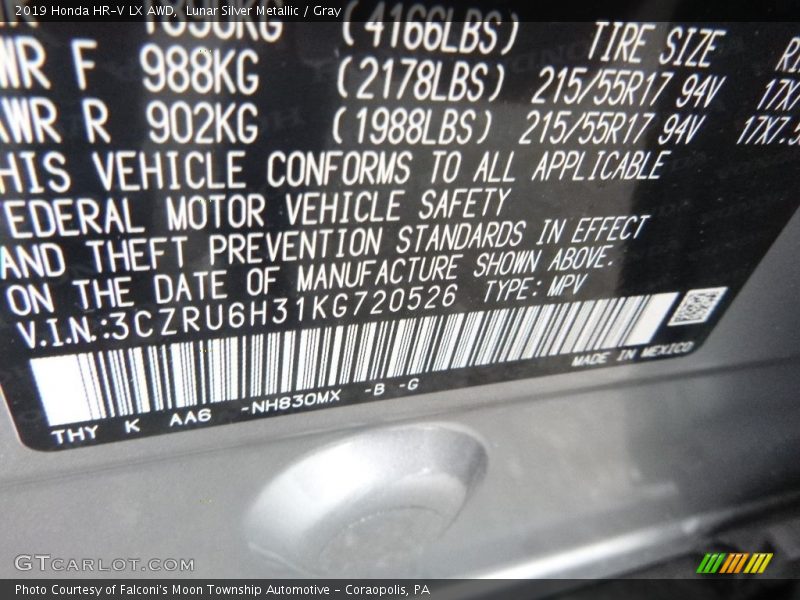 Lunar Silver Metallic / Gray 2019 Honda HR-V LX AWD