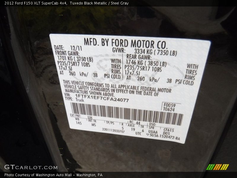 Tuxedo Black Metallic / Steel Gray 2012 Ford F150 XLT SuperCab 4x4