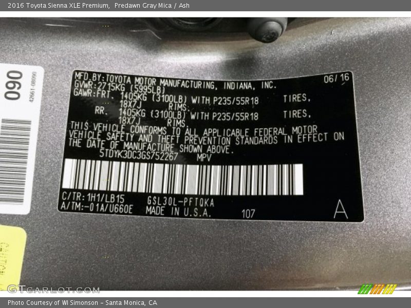 Predawn Gray Mica / Ash 2016 Toyota Sienna XLE Premium