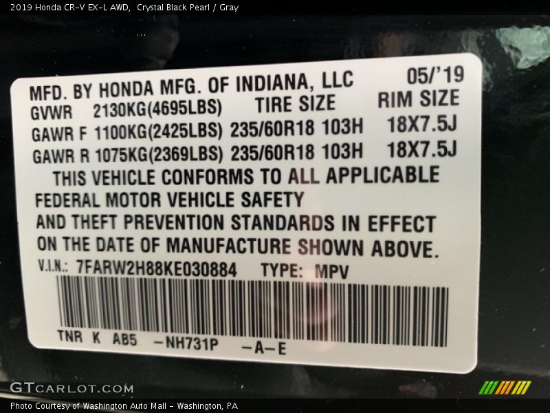 Crystal Black Pearl / Gray 2019 Honda CR-V EX-L AWD